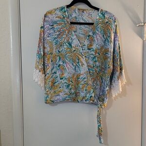 Democracy Multicolor Floral Wrap Blouse with Lace